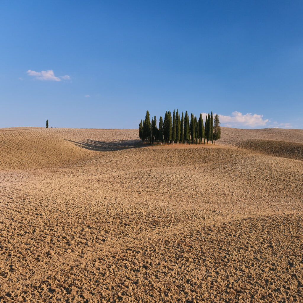 Toskanische Landschaft im Val d'Orcia mit blauem Himmel