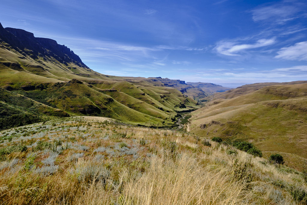 Blick von oben auf die grünen Hügel des Sanipasses unter blauem Himmel in Kwazulu-Natal