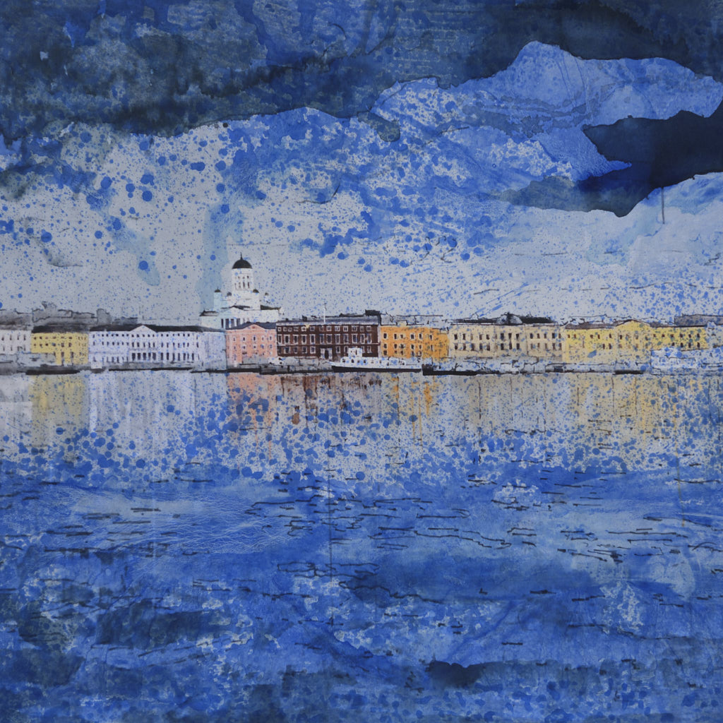 Die Silhouette von Helsinki, gemalt in Aquarellfarben.