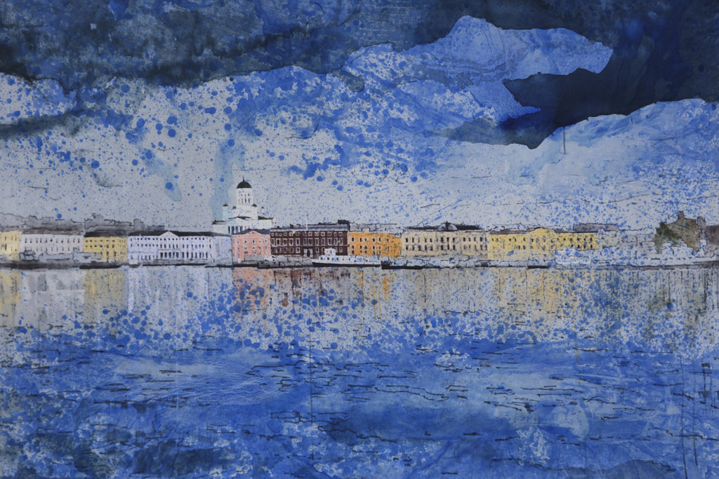 Die Silhouette von Helsinki, gemalt in Aquarellfarben.