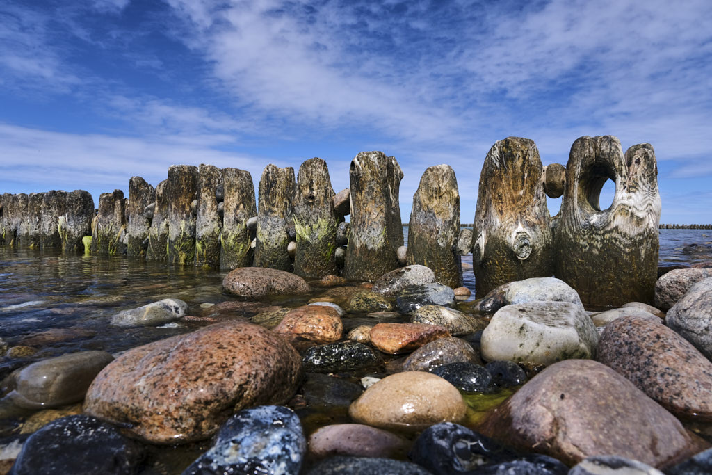 Steinufer mit Holzpalisaden unter blauem Himmel in Danske auf Rügen