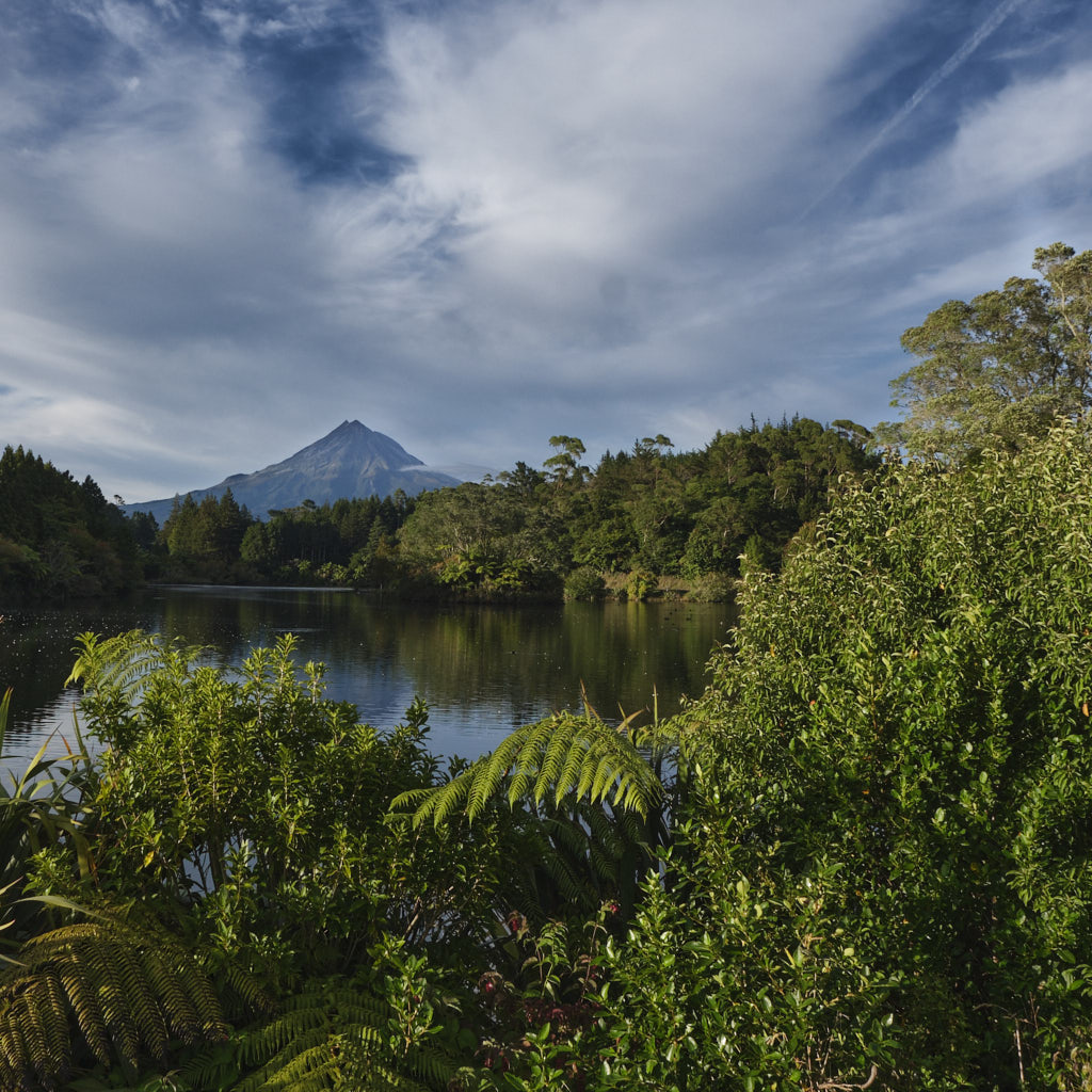 Der Mount Taranaki unter weißblauem Himmel in den frühen Abendstunden.
